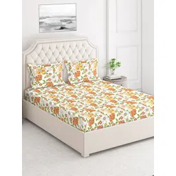 Layers White & Brown Floral 124 TC Flat King Bedsheet with 2 Pillow Covers-picture-36