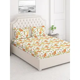 Layers Yellow & Orange Floral 124 TC Flat Cotton Queen Bedsheet with 2 Pillow Covers-picture-22
