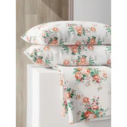 Layers Zen White & Orange Floral 225 TC King Bedsheet with 2 Pillow Covers-picture-41
