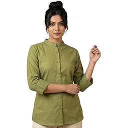 lazuri boutique Women's Olive Green Viscose Rayon,Mandarin Collar Button-Down Shirt, 3/4 Sleeve Casual Top with Cuffed Sleeves,Viscose Rayon Fabric-picture-56