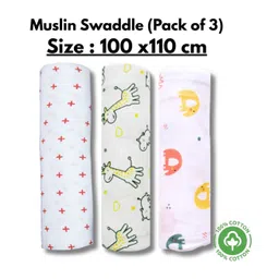 LazyToddler Organic Cotton Muslin Swaddle Printed Pack of 3 - White-picture-18