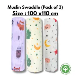 LazyToddler Organic Cotton Muslin Swaddle Printed Pack of 3 - White-picture-23