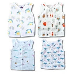 LazyToddler Sleeveless Cotton Organic Muslin Jhablas Multi Print Pack Of 4 - Multicolor-picture-21