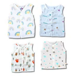 LazyToddler Sleeveless Cotton Organic Muslin Jhablas Solid Pack Of 4 - White-picture-24