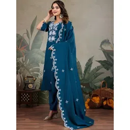 LAZZLY Women Floral Embroidered Regular Thread Work Kurta with Trousers & With Dupatta-picture-13