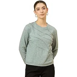 le bourgeois Women's Heathered Light Sage Green Fleece Sweatshirt, Diagonal Panel Design with Rhinestones, Long Sleeve, Crew Neck-picture-46