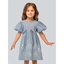 Le Nino Floral Embroidered Puff Sleeve Crepe A-Line Midi Dress-picture-16