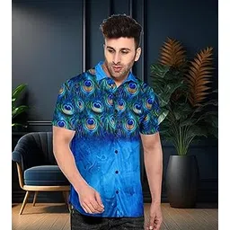 le pery Casual Shirt for Men Peacock Feather Print, Blue Button Down, Short Sleeve, Casual Summer Beach Wear-picture-54