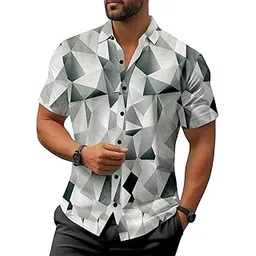 le pery Men's Geometric Print Short Sleeve Shirt, Grey and White Pattern, Casual Style-picture-31