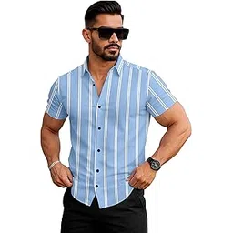 le pery Men's Short Sleeve Shirt, Black with White Vertical Stripes, Casual Summer Style, Regular Fit-picture-33