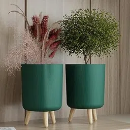 Leafly Store Modern White Flower Pot with Wooden Legs | Indoor Outdoor Planter for Home Garden Balcony Decor Ribbed Design Sturdy Plastic Mid-Century Style (3LEG_2PCS) (Green)-picture-20
