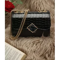 leather land Black Women Sling Bag Designer Box Golden chain in Black-picture-24