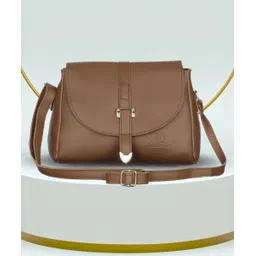 leather land Brown, Gold Women Sling Bag Buckle Sling In Mud Brown-picture-43
