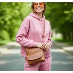 leather land Tan Women Sling Bag - Medium Crazy zipper in TAN-picture-35