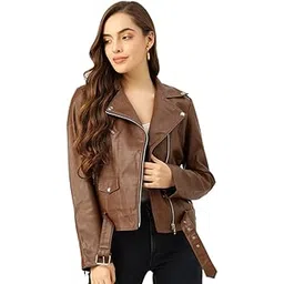 leather retail Full Sleeve Brown Solid Jacket for Woman's Biker Style-picture-12