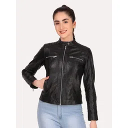 Leather Retail Women Black Leather Crop Outdoor Biker Jacket-picture-39