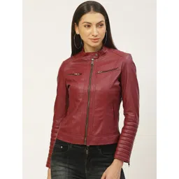 Leather Retail Women Red Solid Lightweight Biker Jacket-picture-35
