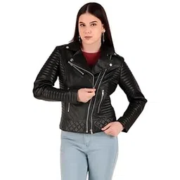 leather retail Women's Faux Leather Biker Jacket (Black) image 1