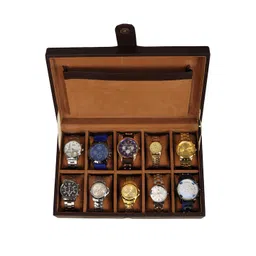 Leather World Coffee Brown Solid 10 Slots Watch Box Organiser-picture-14
