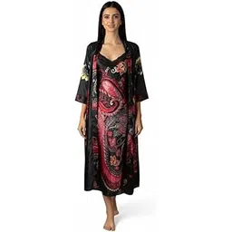 ledelav Luxurious Women's Loungewear Collection, Elegant Floral Print Robe Set with Matching Dress, Premium Satin Fabric, Full-Length, Perfect for Sleepwear and Relaxation-picture-45