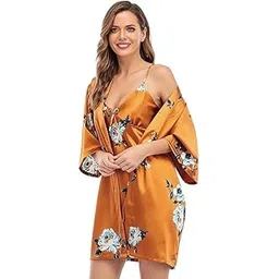 ledelav Women's Floral Print Satin Short Nighty with Robe Set, Black with Flowers Print-picture-31