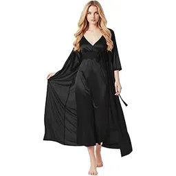 ledelav Women's Satin Nightgown Set with Lace Detail, Long Robe and Sleepwear, V-Neck Empire Waist Design, Elegant Loungewear-picture-12
