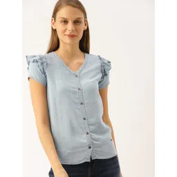Lee Cooper Women Blue Solid Chambray Top with Ruffles-picture-40
