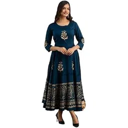 lee moda Designer Anarkali Dress, Navy Blue with Gold Floral Print, 3/4 Sleeves, Ankle Length-picture-24