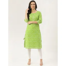 Lee Moda Women Green Leheriya Cotton Blend Straight Kurta-picture-30