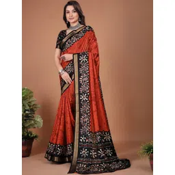 LeeliPeeri Designer Batik Printed Woven Design Zari Bagru Saree With Contrast Blouse Piece-picture-13