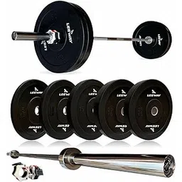 Leeway Black Bumper Plates (20kg Set) with Olympic Barbell | 7.2ft Buddy Bar 16kg | 50mm Weightlifting Bar & Rubber Plates | Home Gym Workout & Commercial Strength Training Set (20kg Set (10X2))-picture-34