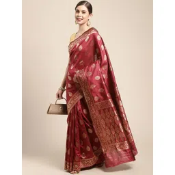 Leeza Store Maroon & Gold-Toned Woven Design Silk Blend Banarasi Saree-picture-27