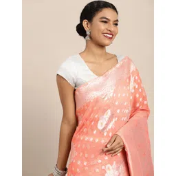 Leeza Store Peach-Coloured & Silver-Toned Woven Design Organza Banarasi Saree-picture-30