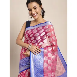 Leeza Store Pink & Blue Woven Design Organza Taant Saree-picture-25