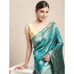 Leeza Store Turquoise Blue Woven Design Zari Silk Blend Banarasi Saree-picture-14