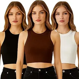 lemmik Women's Premium Ribbed High-Neck Crop Tank Top Set, Cotton Blend, 3-Pack in Black Brown White, Fitted Style, Sleeveless Halter Design for Casual Wear-picture-29
