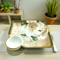 Ceramic 8 Inch Square Deep Dish Platter with Dip Partition Floral Print Serving Tray-image-37