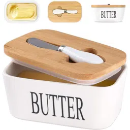 Ceramic Butter Dish with Wooden Lid, Butter Container Keeper Storage with Knife Butter Dish Serving Set-image-34