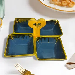 Ceramic Quad-Part Platter with Bamboo Handle & Golden Rim Design for Nuts,Snacks Tray Serving Set-image-19