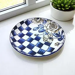 Lemon Tree Snack Serving Plate 20 cm Round Ceramic Deep Salad, Pasta Plate | Dinner Plates for Kitchen Microwave, Dishwasher & Oven Safe (Blue & White)-picture-10