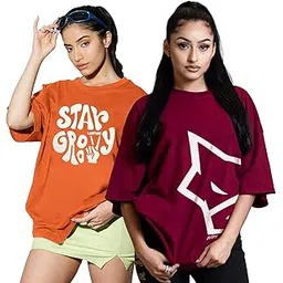 leotude Cottonblend Oversized Half Sleeve Colorful Printed Combo T-Shirts for Women (Pack of 2)-picture-16