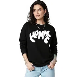leotude Full Sleeve Cottonblend Oversized Tshirt for Women, Round Neck Longline Printed Drop Shoulder Baggie Tops for Women (Color: Black)-picture-34