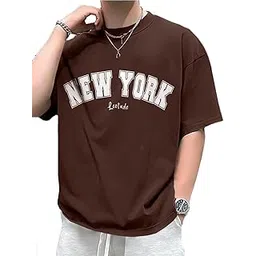 leotude Half Sleeve Cottonblend Printed Round Neck Drop Shoulder Oversized Tshirt for Man (Color Brown)-picture-12