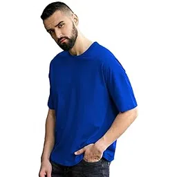 leotude Half Sleeve Oversized Tshirt for Men, Round Neck Cottonblend Drop Shoulder Solid T-Shirt (Blue Color)-picture-47