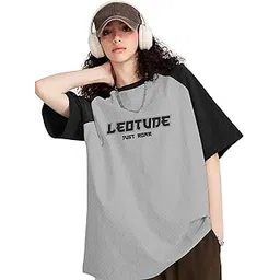 leotude Half Sleeve Oversized Tshirt for Women, Round Neck Longline Printed Multicolour Drop Shoulder Baggie T-Shirt (Color Gray)-picture-31