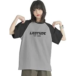leotude Half Sleeve Round Neck Tshirt for Women, Oversized Longline Printed Multicolour Drop Shoulder Baggie Top for Womens (Color Grey)-picture-11