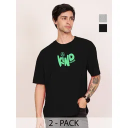 Leotude Men Pack Of 2 Typography Printed Round Neck Cotton Oversized T-shirts-picture-26