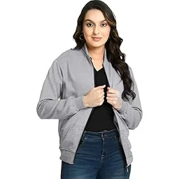 leotude Women Lightweight Solid Grey Bomber Jacket Material Loopknit-picture-12