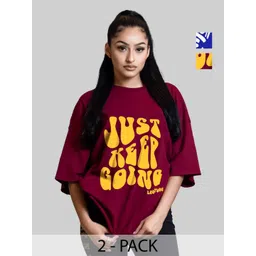 Leotude Women Pack Of 2 Typography Printed Round Neck Cotton Oversized T-shirts-picture-36