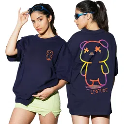 leotude Women Printed Round Neck Cotton Blend Navy Blue T-Shirt-picture-13